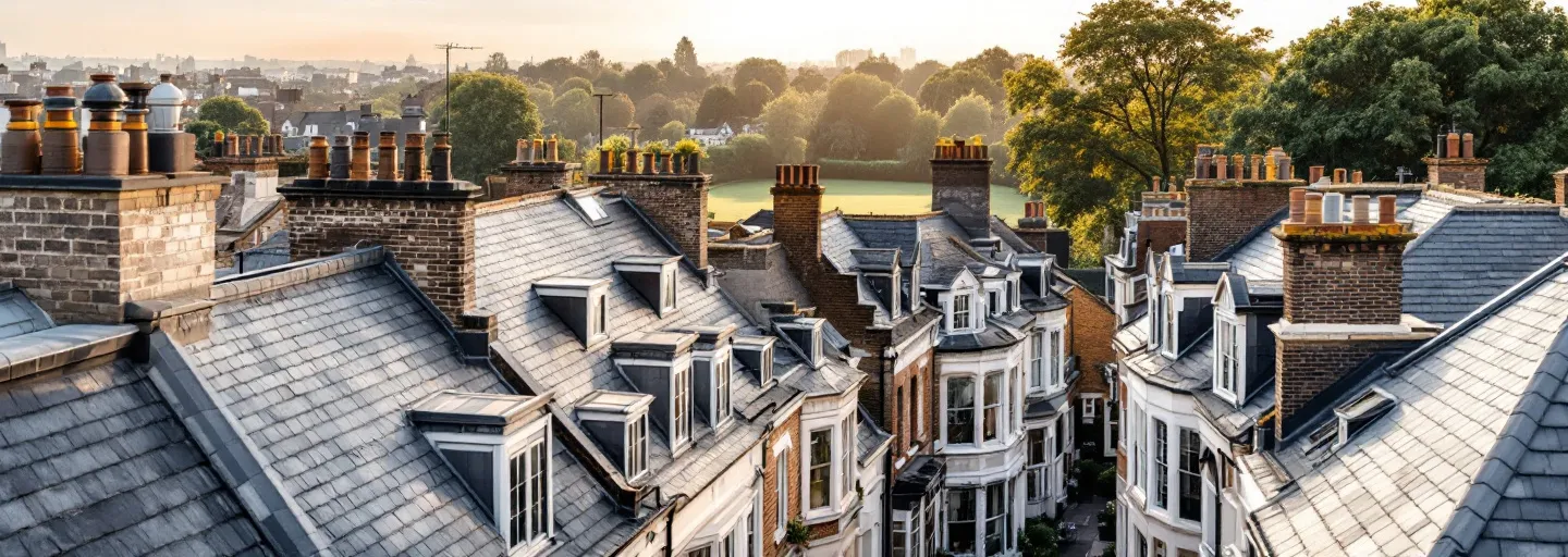 Rooftops of Victorian and Edwardian terraces with dormer loft conversions in Clapham