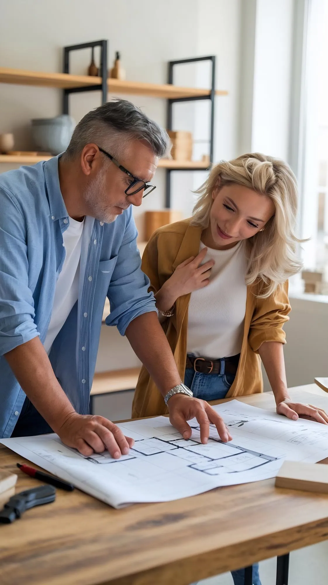 Couple reviewing loft conversion drawings with their designer
