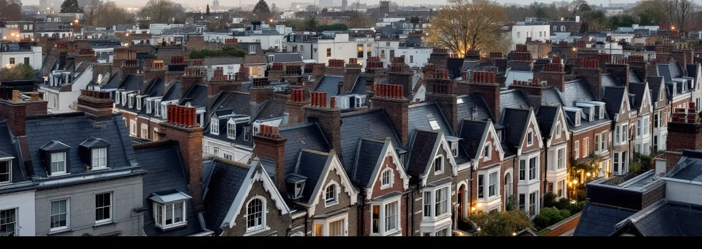 Rooftops of Victorian terraces with rear dormer loft conversions in Fulham
