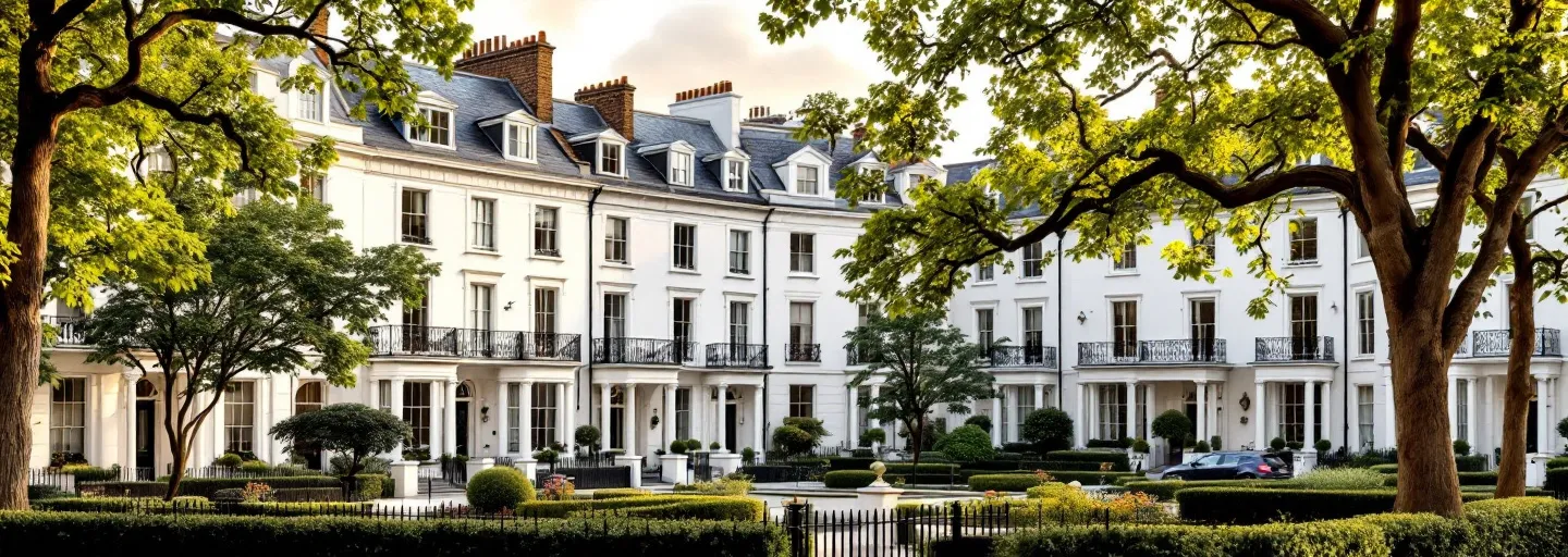White stucco terraces with slate mansard roofs around a Kensington garden square