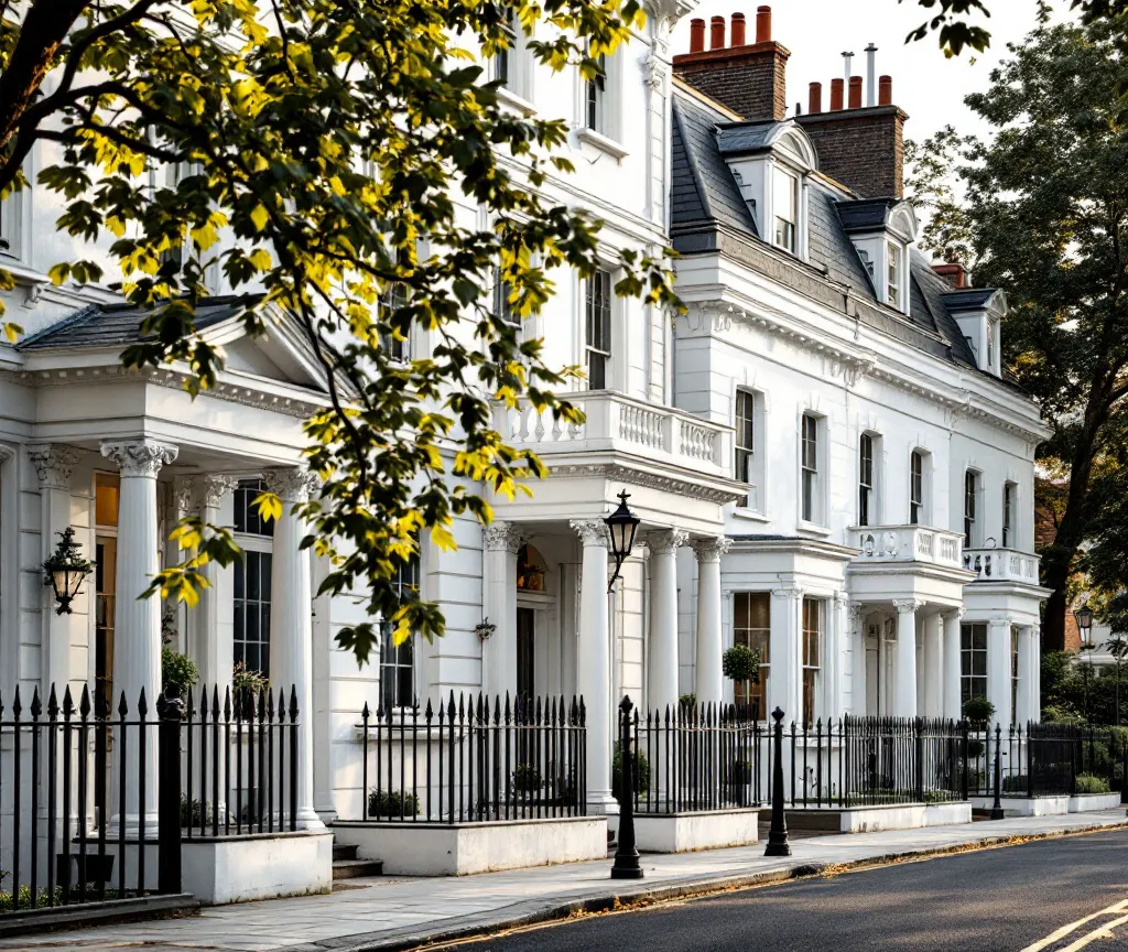 White stucco-fronted terraces with mansard roofs in Kensington
