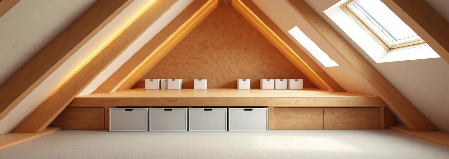 Raised loft boarding storage platform with boxes in a London loft