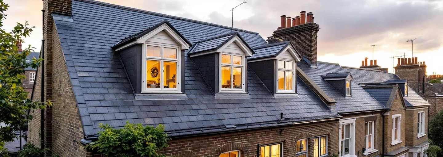 Mansard loft conversion with steep slate rear wall on a period London terrace