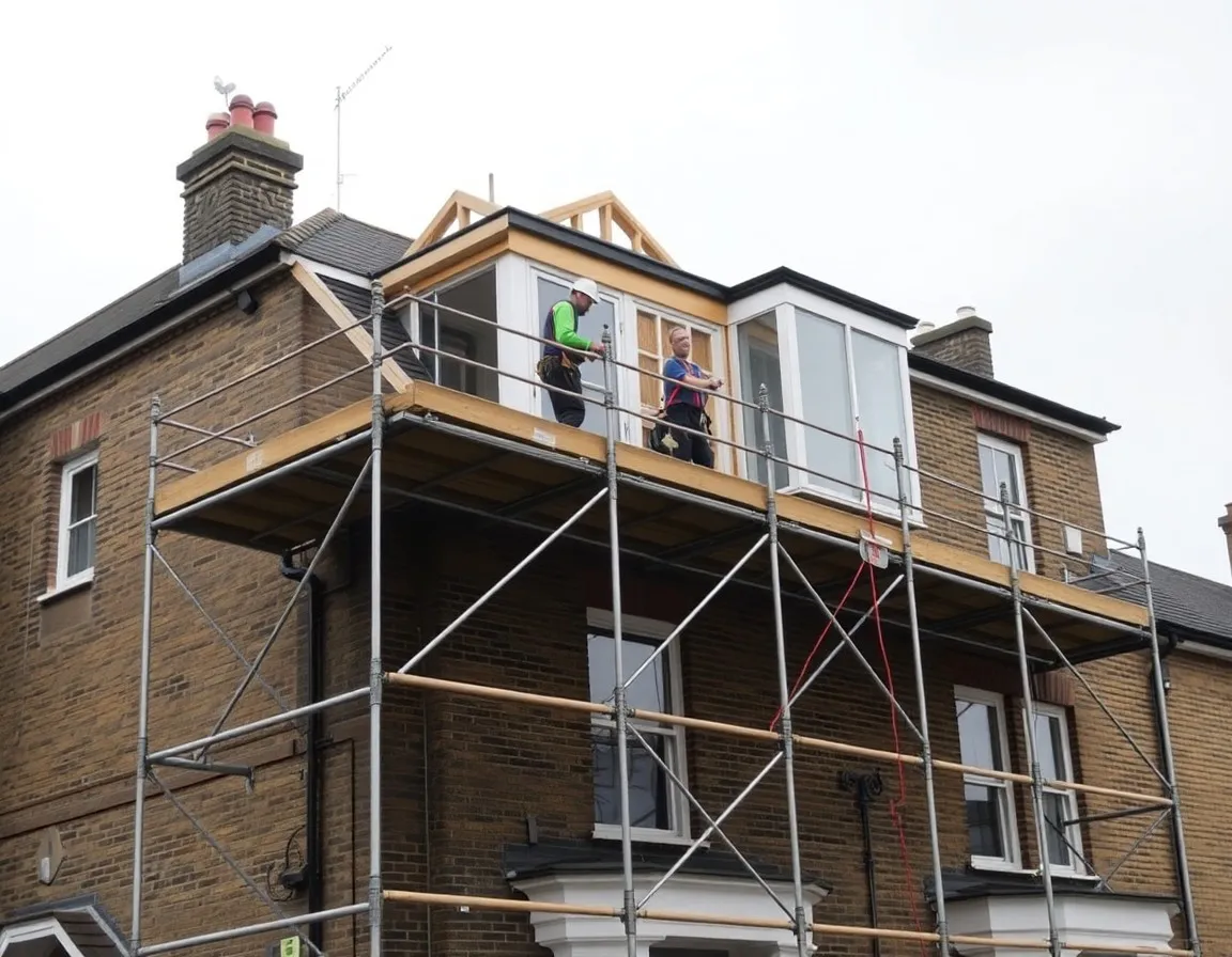 Scaffolded loft conversion mid-build on a London terrace