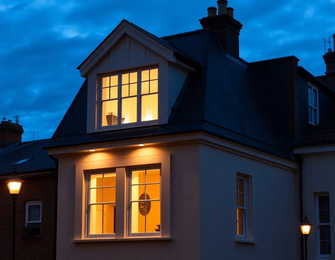 Mansard loft conversion at dusk on an Edwardian terrace