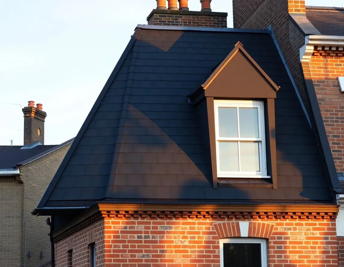 Rear mansard loft conversion with sash windows on a brick terrace