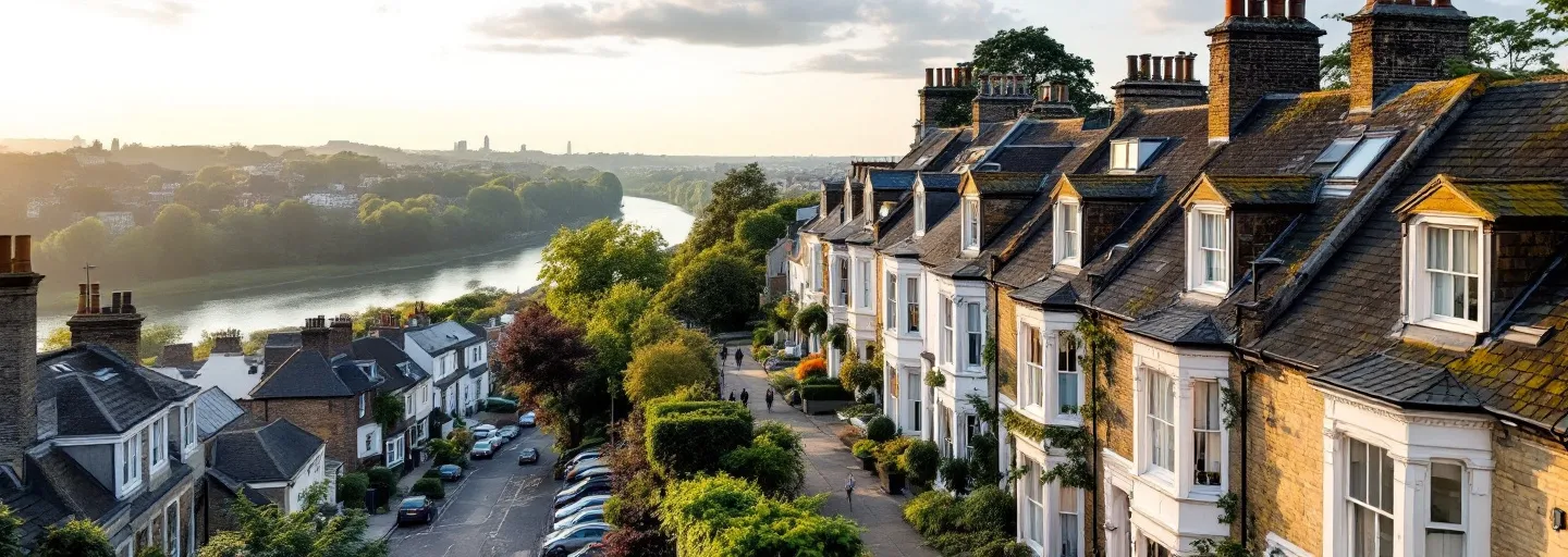 Victorian terraces rising up a hill towards the Thames in Putney