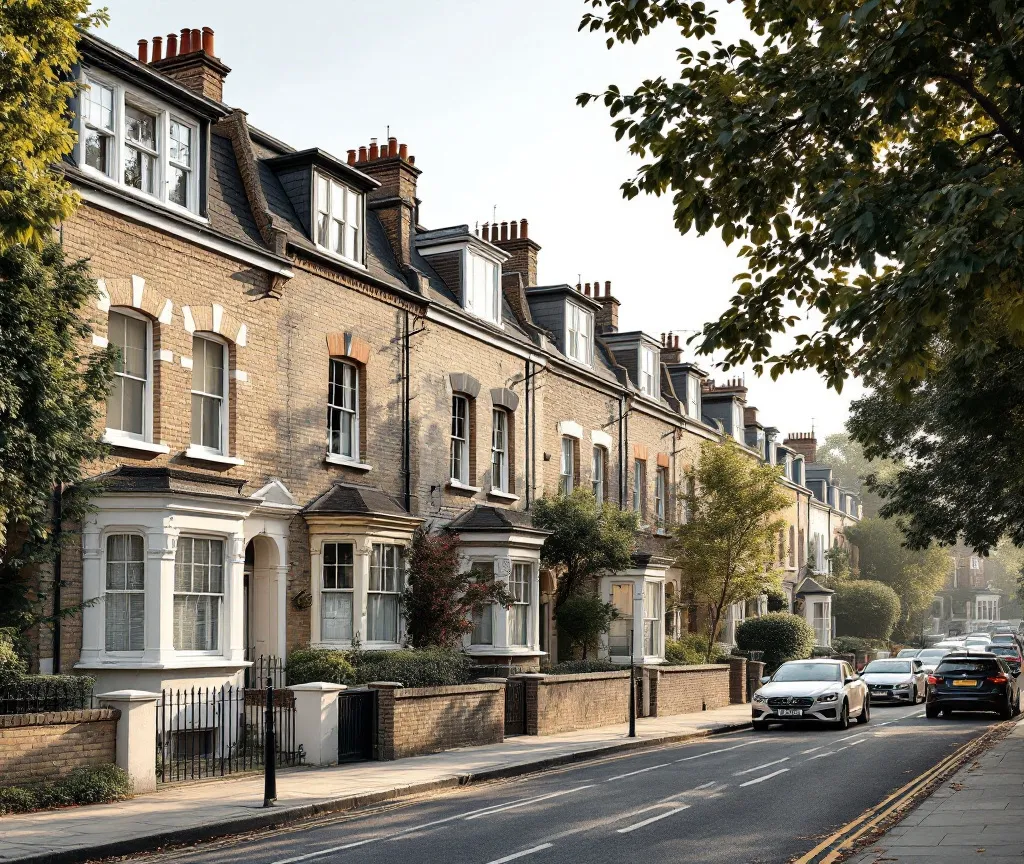 Victorian terraced houses on a hill street in Putney